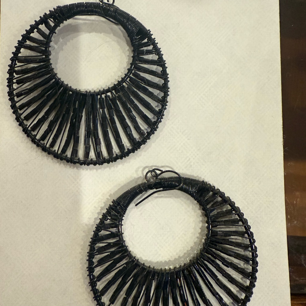 Vtg Wetseal Black Beaded Woven Hoop Earrings | Y2k Boho Indie Chunky Statement